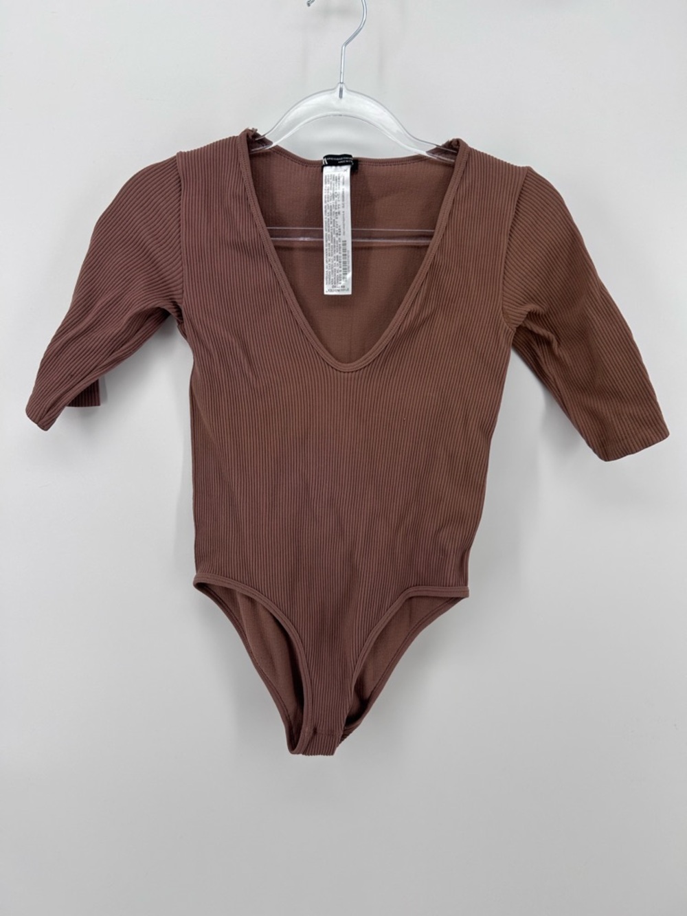 ZARA Brown Bodysuit Womens 3/4 Sleeve Rib Knit V Neck Stretch XS S Basic